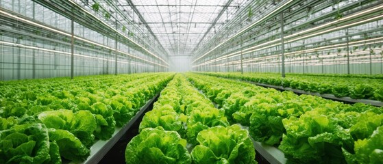 The lush green lettuce thriving in a modern greenhouse environment