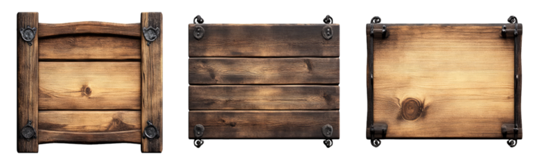 Three Rustic Wooden Signs With Metal Accents And Blank Space For Text