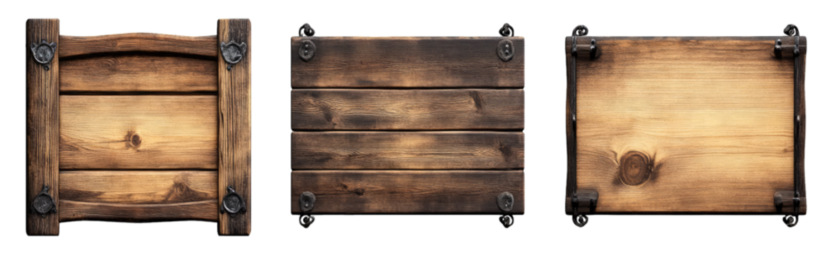 Three Rustic Wooden Signs With Metal Accents And Blank Space For Text