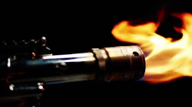 Intense Flamethrower Blaze, High-Quality Orange Fire Burst on Black Background
