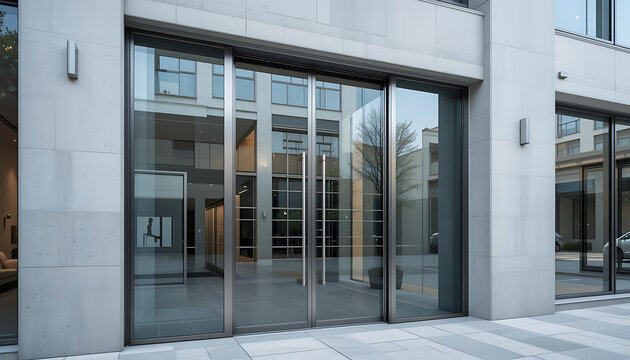 A modern frameless glass door used in commercial building