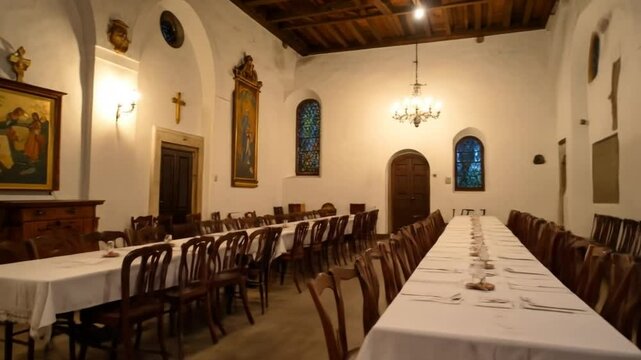 Refectory Hall With Long Tables Set for Meal in Antique Religious Building