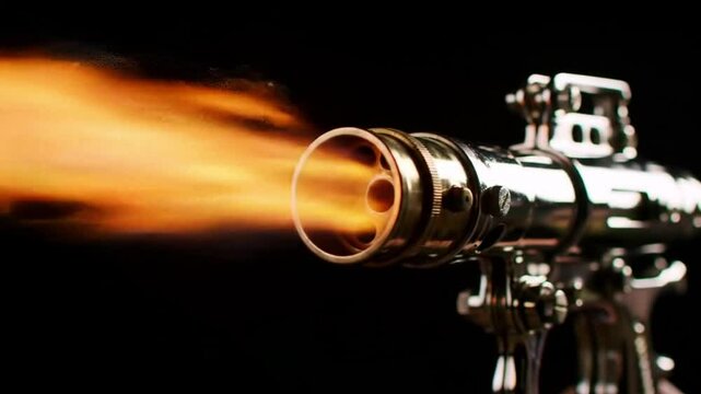 Intense Flamethrower Blaze, High-Quality Orange Fire Burst on Black Background
