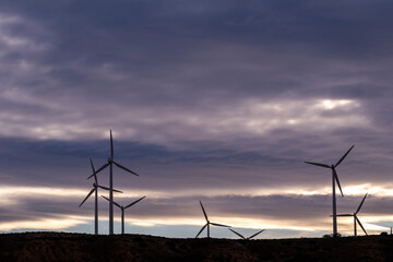 Wind turbines on open landscape with cloudy sky and wide horizon, captured in Zaragoza, Spain, with space for copy and clean composition for sustainability and energy themes.