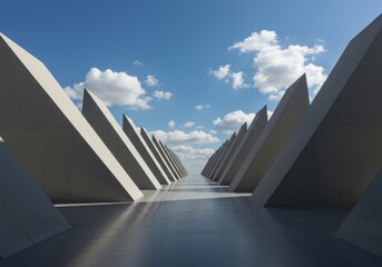 Gray triangular panels in tunnel formation under blue sky.
