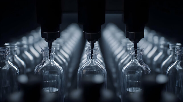 Automated Bottle Filling Line In Dark Industrial Setting