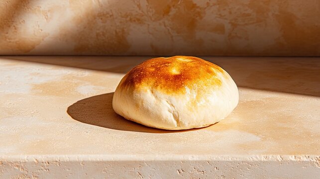 A single warm kashar pita placed on a smooth stone surface, with a subtle shadow and lots of empty space around it. 