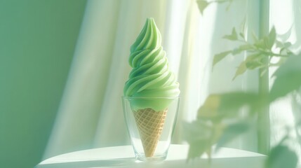 Green tea ice cream cone standing upright in a glass on a white tabletop with soft green tones