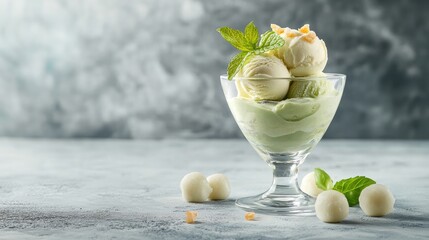 Green tea ice cream in a glass dessert cup with mochi balls and a mint leaf garnish
