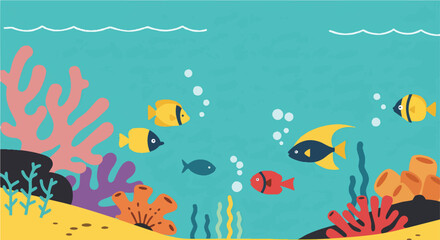 Vibrant Underwater Scene Minimal Vector Illustration Colorful Fish and Coral Reef Illustration