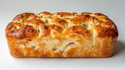 A whole focaccia loaf with a crispy top, placed on a plain white background, highlighting the texture and color of the bread. 
