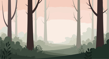 Obraz premium Serene Misty Forest Landscape Minimal Vector Illustration Minimalist Vector Illustration of Tranquil Dawn in a Peaceful Woodland