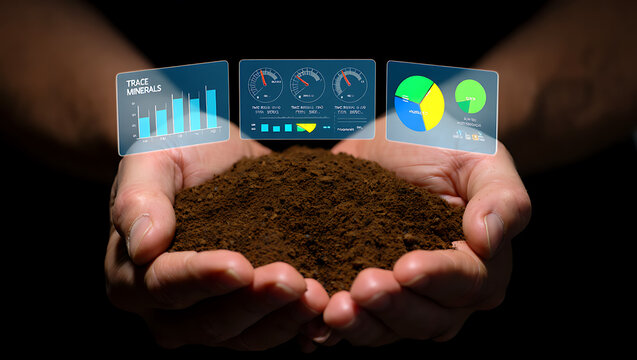 Analyzing soil quality with data visualization displayed above a handful of earth