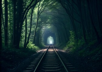 Fototapeta premium Enigmatic Forest Tunnel A Dark and Mysterious Railway Journey