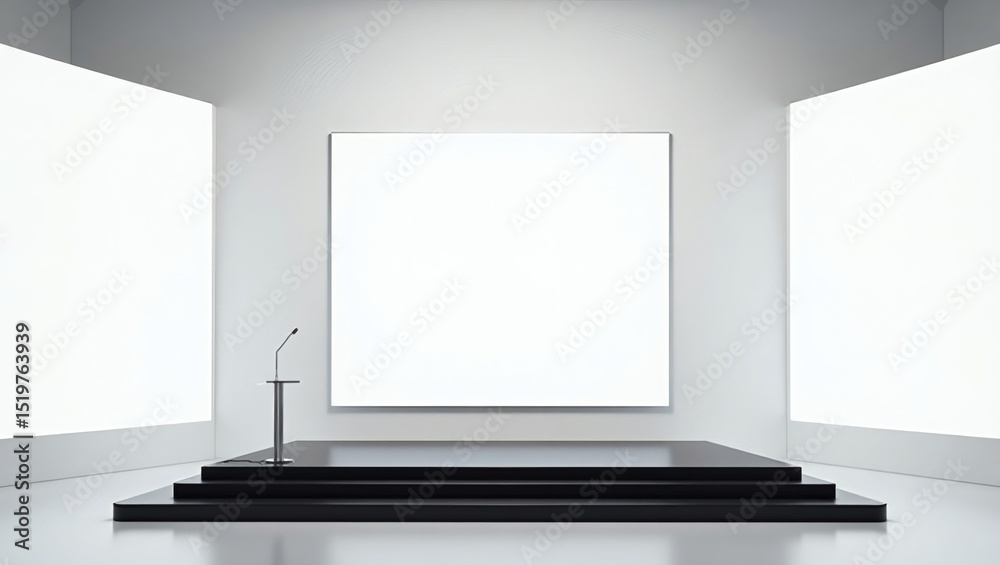 Poster a minimalist stage with three blank screens, ready for a presentation or display, evokes a sense of 