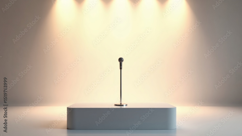 Poster a spotlight shines on a stage podium with a microphone ready for the presentation