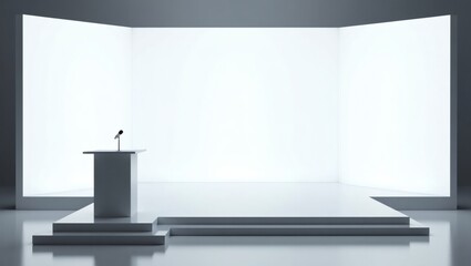 an empty stage with a podium and microphone, ready for a presentation or performance. The stage is brightly lit, and there is plenty of space for a speaker or performer