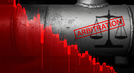Double exposure oil pipe with financial graph and arbitration label