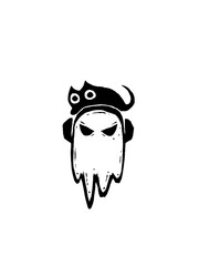 Cool ghost with headphones and a black cat on its head