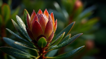 Fototapeta premium 朝露に濡れる赤い多肉植物の幻想的なマクロ写真