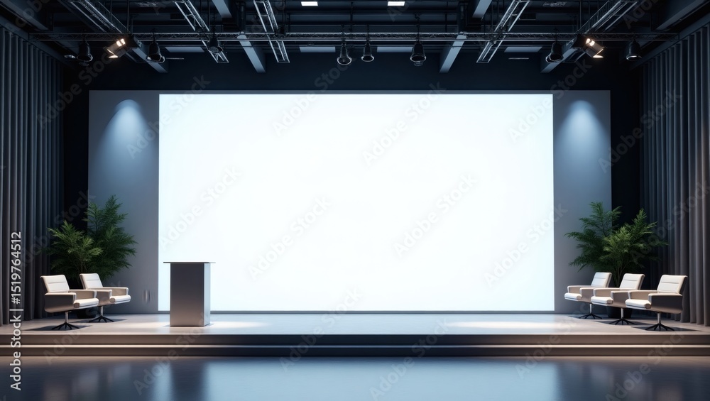 Poster Empty stage with blank screen, ready for presentation or performance. The stage has a simple podium, some seats and green plant decorations