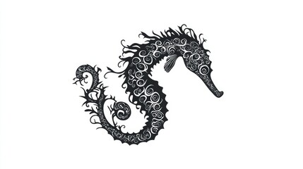 Seahorse silhouette in profile with curled tail and fine detail on white background