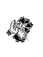 Hand holding a marked can surrounded by surreal black cat figures