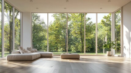 Modern Living Room with Floor-to-Ceiling Windows Showcasing Lush Greenery