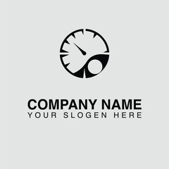 Black speedometer logo with company name and slogan on a gray background, featuring a circular gauge with a needle and a stylized design element