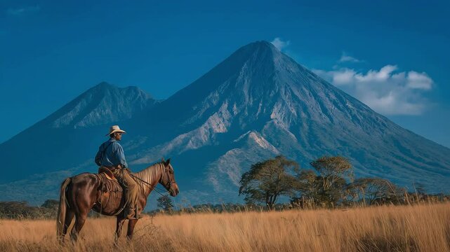 Riding a horse in front of a volcano