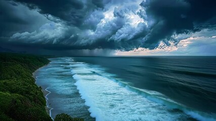 Dramatic stormy seascape view with dark clouds, ocean waves, coastline, and rain. - Powered by Adobe
