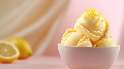 Close-up of a bowl of lemon ice cream with zest on top, surrounded by a soft cream-colored background. 
