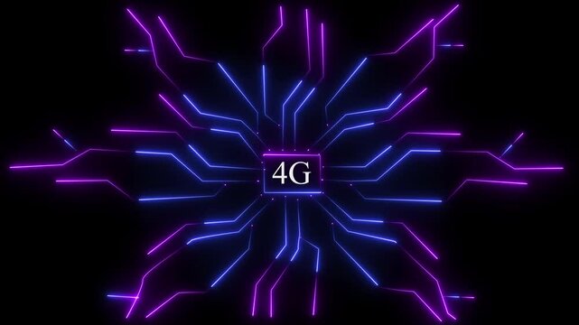 4G networking chip icon futuristic neon circuit board animated flat style Processor chips background. 4G Animated 4k Text Shown on Tech Electronic.