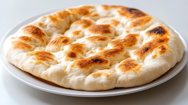 Close-up of a freshly baked kashar pita, placed neatly on a clean white plate, with a blank background to emphasize the texture.