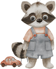 Watercolor illustration of cute raccoons in a whimsical children’s style on a white background. Perfect for nursery art, kids’ products, baby shower decor, prints, and playful animal-themed designs.
