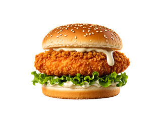 Crispy Chicken Zinger Burger – Juicy Fast Food Sandwich, Perfectly Lit, Isolated on Transparent Background


