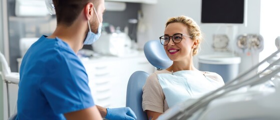 The dentist consulting with a happy patient in a modern dental clinic.
