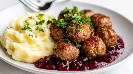 Close-up of a plate of Swedish meatballs with mashed potatoes and lingonberry sauce on a white background. 