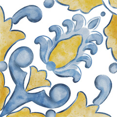 Blue and yellow Azulejos tiles. Traditional Portuguese Mosaic, Spanish Majolica tile decoration. Ideal for patchwork print wallpaper design. Watercolor artwork perfect for antique tileable ceramics 