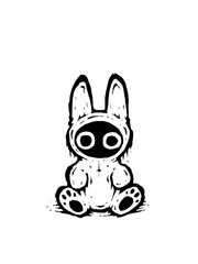 Creepy melting bunny character with big round eyes, eerie line art