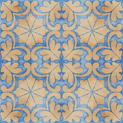 Blue and yellow Azulejos tiles. Traditional Portuguese Mosaic, Spanish Majolica tile decoration. Ideal for patchwork print wallpaper design. Watercolor artwork perfect for antique tileable ceramics 