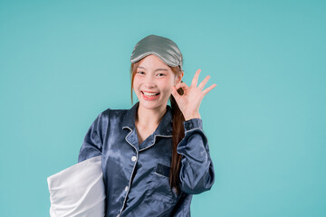 Sleep Pillow Posing Dream Mask Positive Rest Soft Emotion Indoor, A Young Woman in Pajamas Lying Comfortably with a Peaceful Expression in a Cozy Pink Bedroom Setting