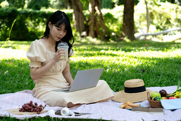 Young woman using laptop while having picnic on mat in park