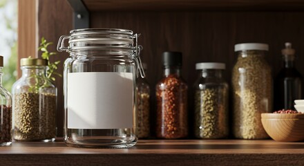 Spice Jars on Shelf with Blank Label Mockup for Your Product