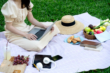 Young woman using laptop while having picnic on mat in park