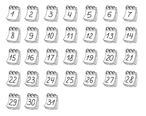 Doodle calendar illustration. Hand drawn calendar planner. Set of calendar pages with numbers illustration.  Time management line. Date appointment schedule.