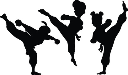 Fototapeta premium Silhouette vector of three martial arts kids performing high kicks – energetic karate or taekwondo pose illustration, ideal for sports, activity, or educational material on white background