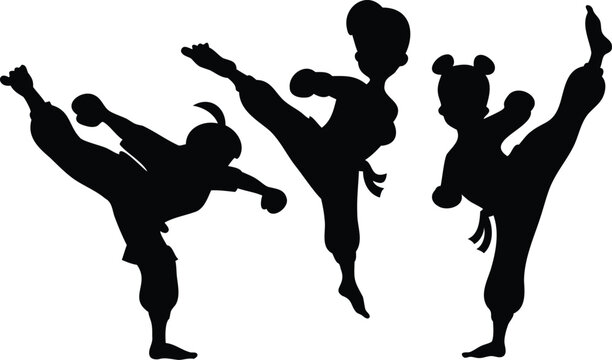 Silhouette vector of three martial arts kids performing high kicks – energetic karate or taekwondo pose illustration, ideal for sports, activity, or educational material on white background