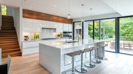 Modern Kitchen with Island and Patio View