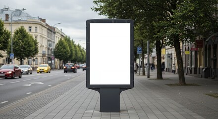 Blank Advertisement Board on City Street with Cars and Buildings